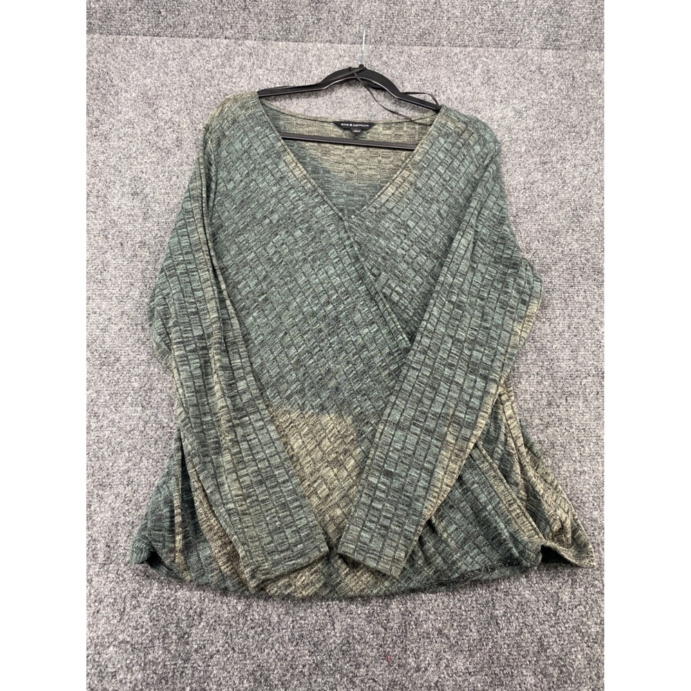 Rock & Republic Wrap Top Ribbed Knit Long Sleeve Green Black Marl Womens Large L